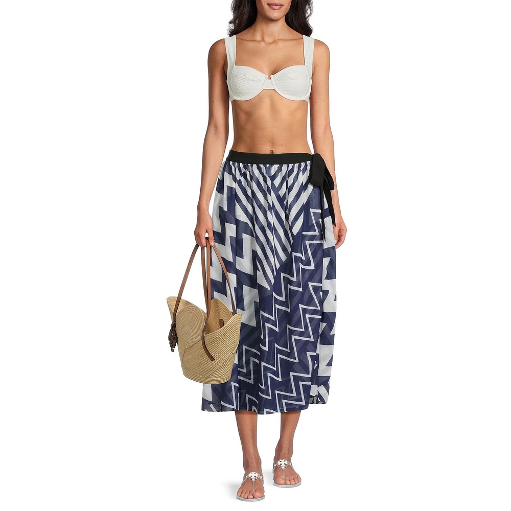 NEW Milly‎ Patchwork Chevron Swimsuit Cover-Up Midi Wrap Skirt-Blue/White-Size S - Picture 15 of 15